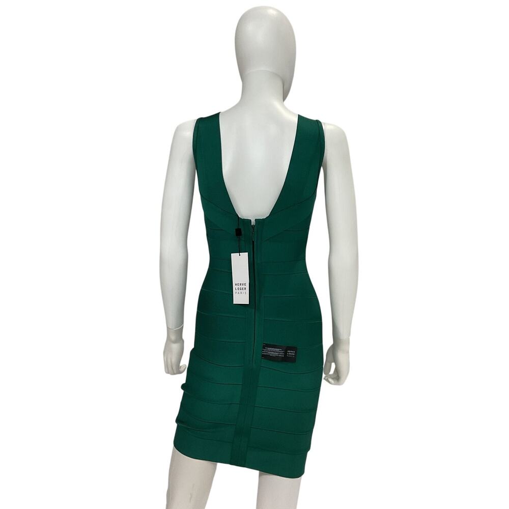 Herve Leger Sleek Alpine Green V Neck Bandage Mini Dress Size M NWT - Picture 3 of 5